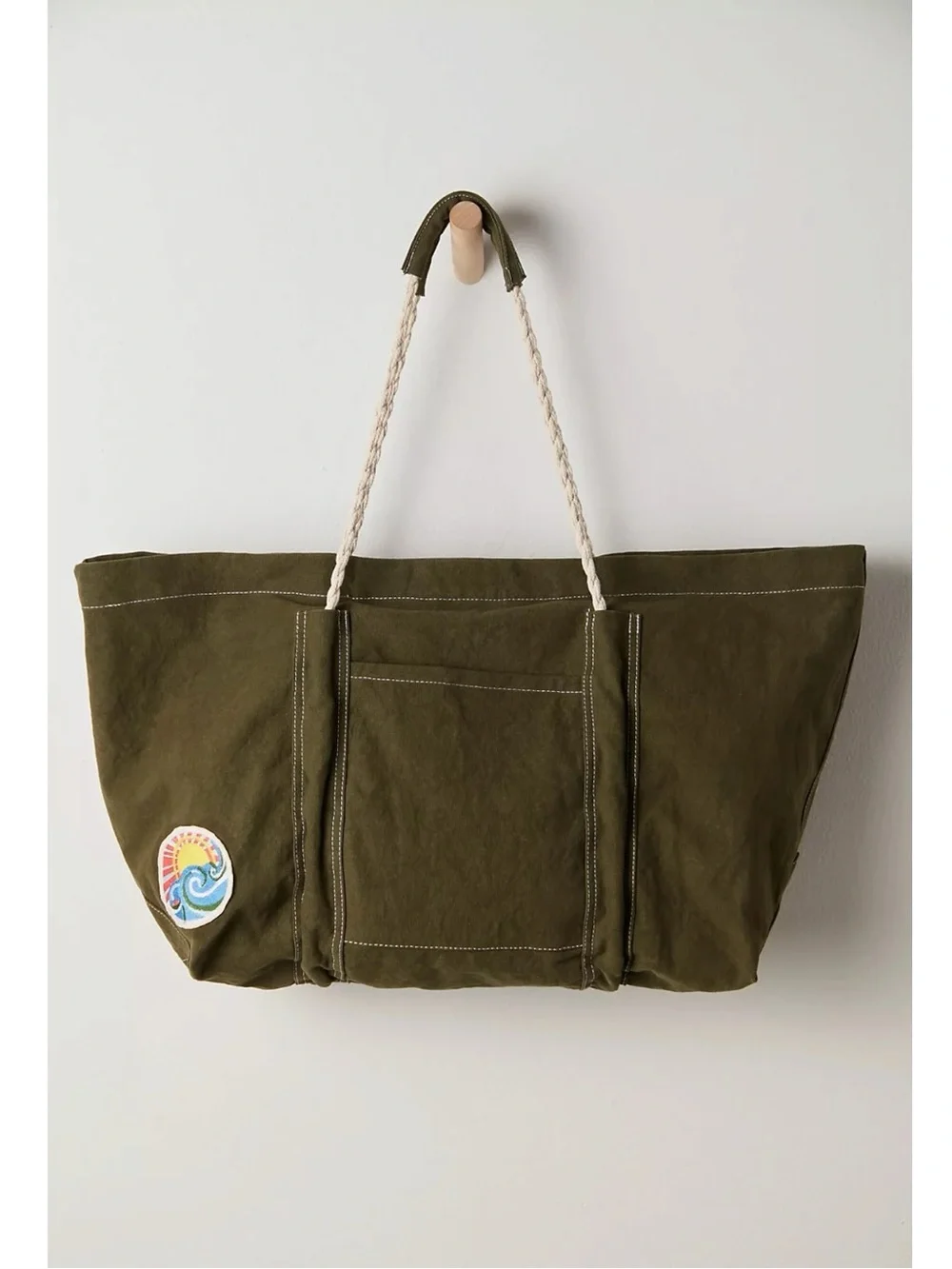 Free People Oversized Bohemian Been There Badge Tote Bag  Army Green NWT Patches